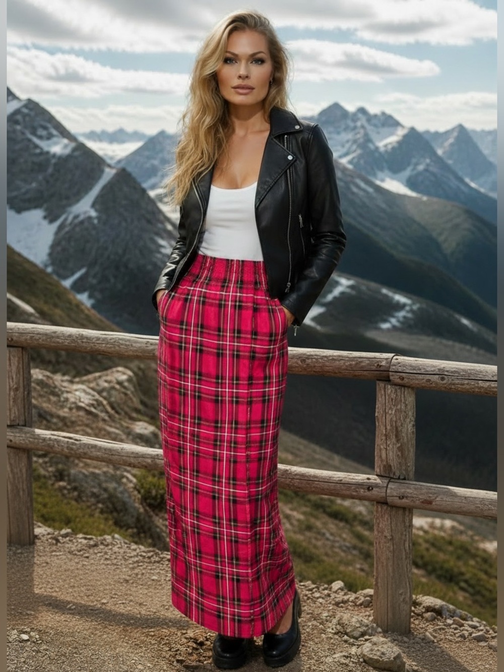 Old Navy Red Plaid Maxi Skirt Size Small with Pockets